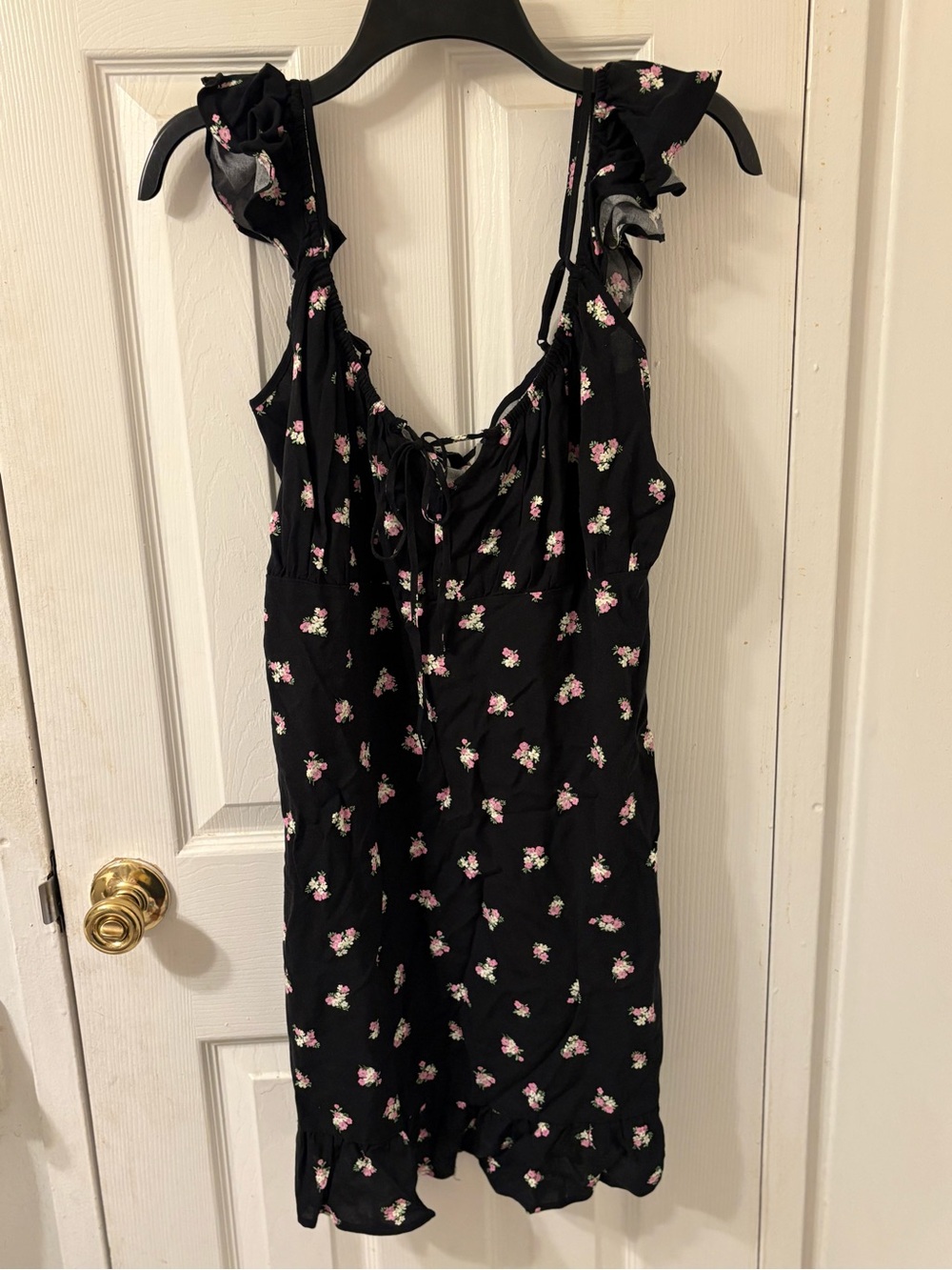 H&M Black Midi Dress with Pink Floral Print and Ruffle Straps